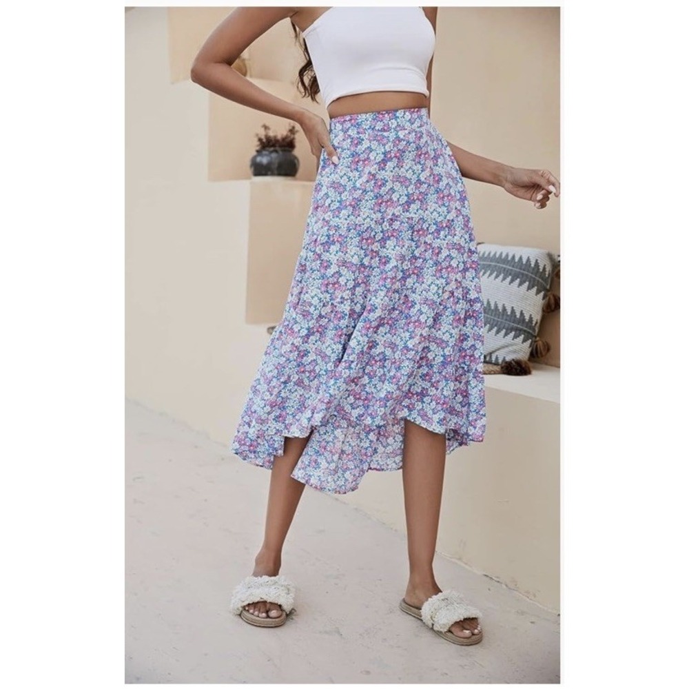 SimpleFun Women's Midi Skirt Boho Floral Elastic High Waist‎ Asymmetrical Hem- L